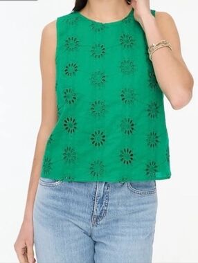 J. Crew Women’s Jade Green Cotton Eyelet Embroidered Crop Sleeveless Top Size XS